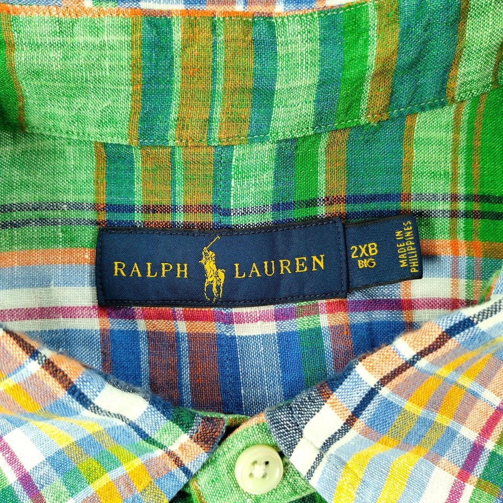 Ralph Lauren Shirt Mens 2XB Big Green Plaid 100% Linen Button Down Short Sl - Picture 10 of 16